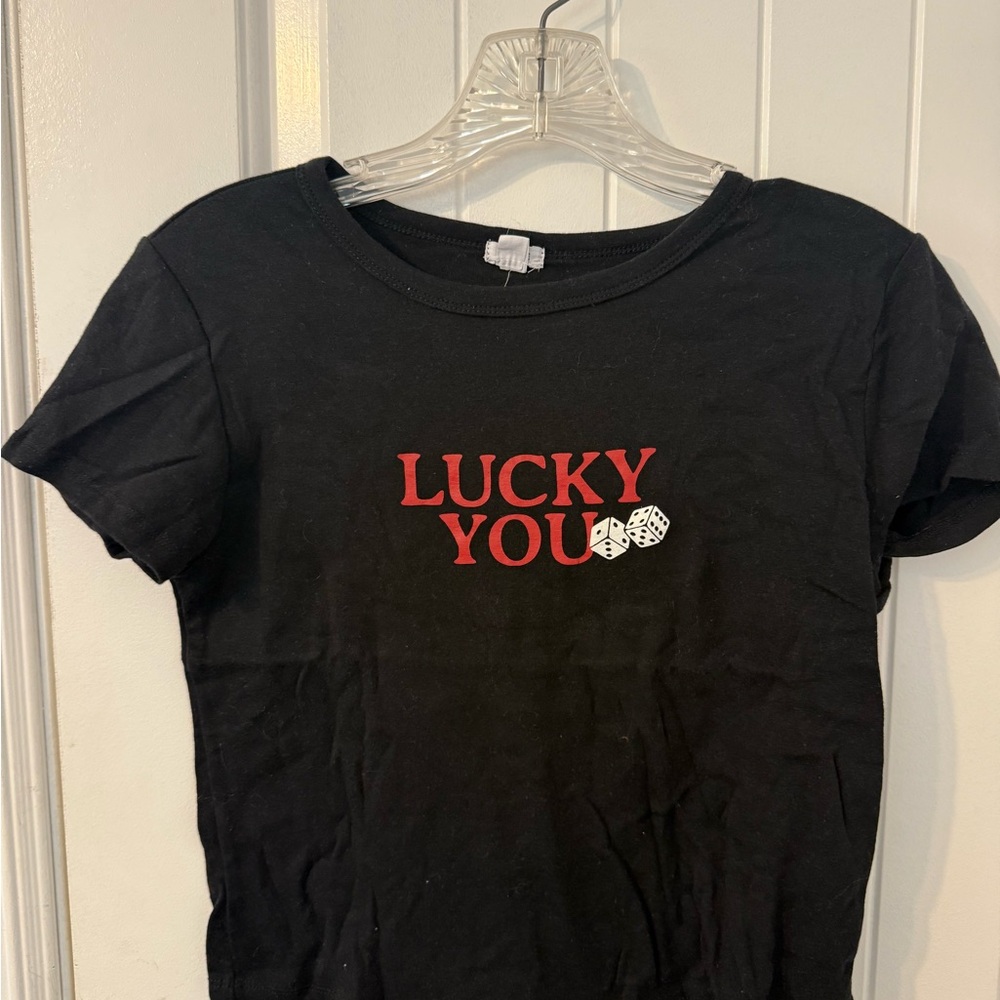 Black T-Shirt with Red 'Lucky You' Print